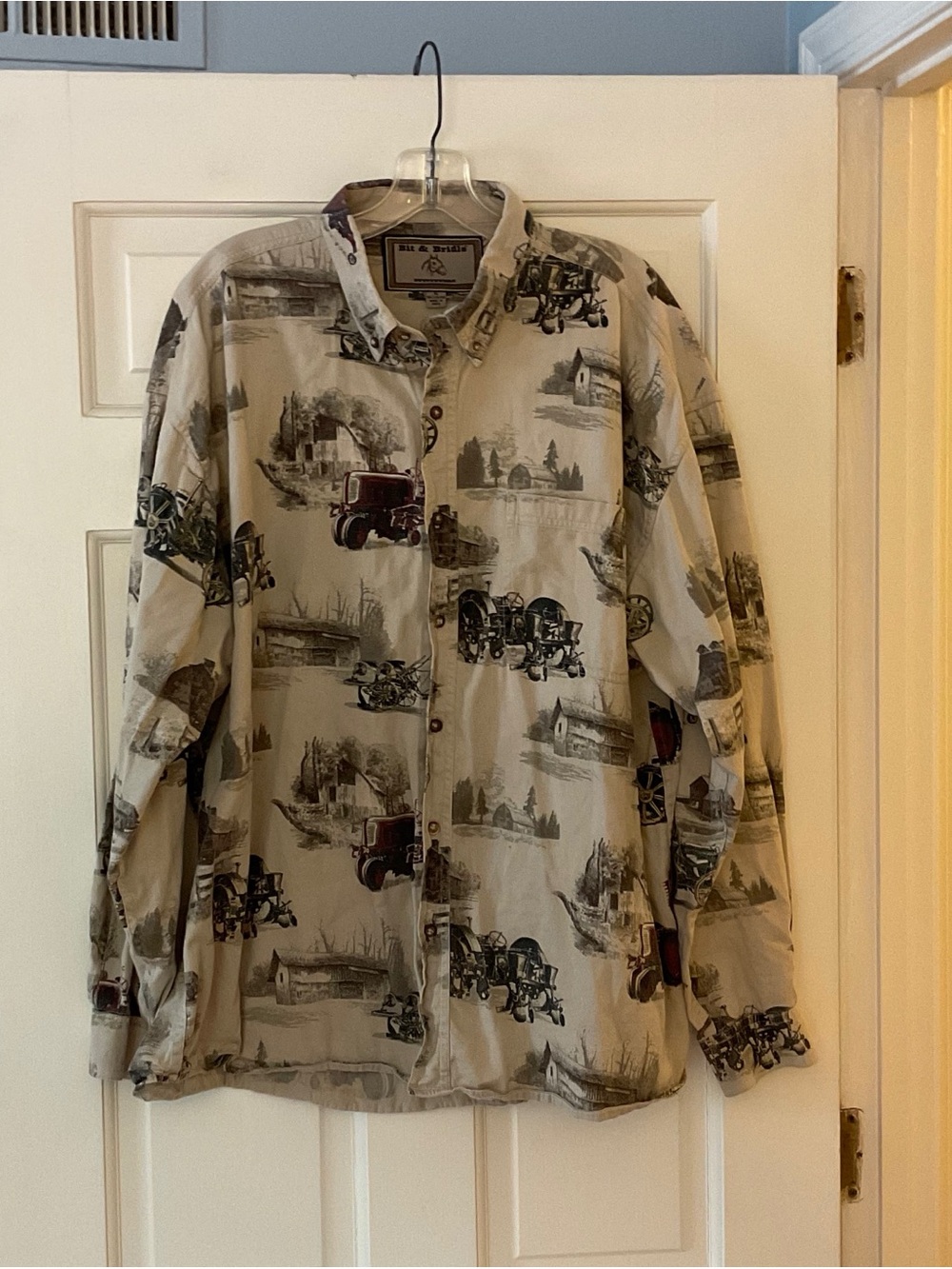 Bit & Bridle Farm Tractor Barn Novelty Print Button Up Shirt Men’s XL Rustic